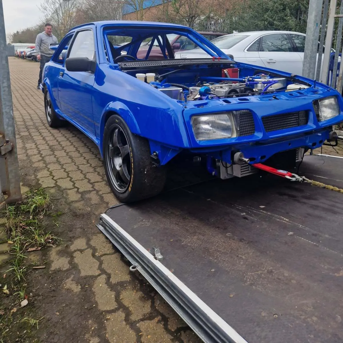 Blue Ford Sierra race car restoration build at Flowtech Exhausts Dagenham